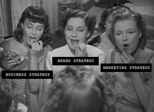 Three woman putting lipstick on with the caption "Business Strategy", "Brand Strategy", and "Marketing Strategy"
